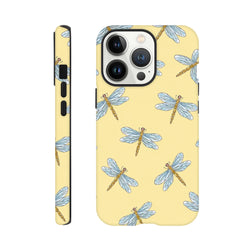 Yellow iPhone case featuring a blue dragonfly pattern on a light yellow background. A tough, cute phone cover designed for drop protection and style.