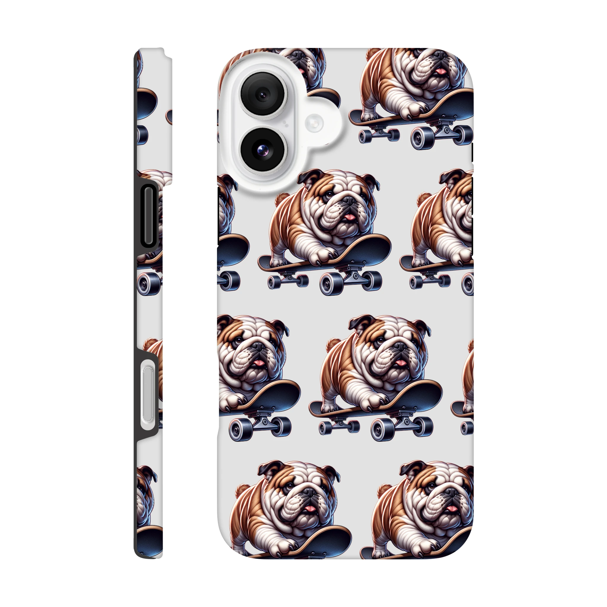 Bulldog skateboard print in a repeating pattern on glossy dual-layer iPhone case for iPhone 16–13.