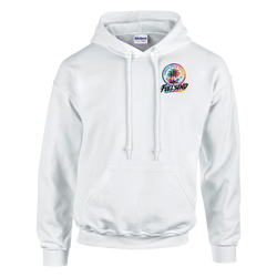White petrolhead streetwear hoodie with colorful Urban Palm Trees Full Send graphic, pouch pocket, and double-lined hood.