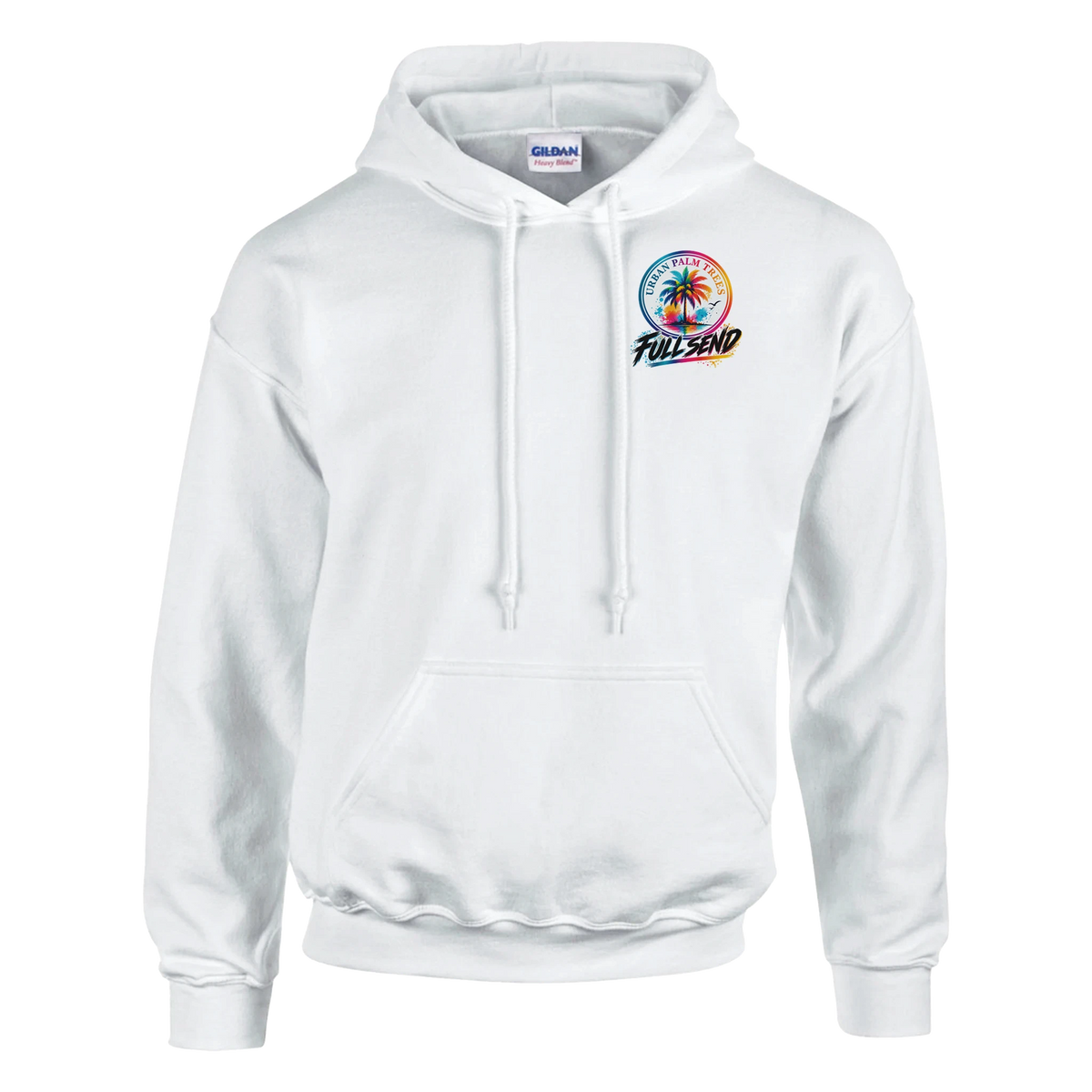 White petrolhead streetwear hoodie with colorful Urban Palm Trees Full Send graphic, pouch pocket, and double-lined hood.