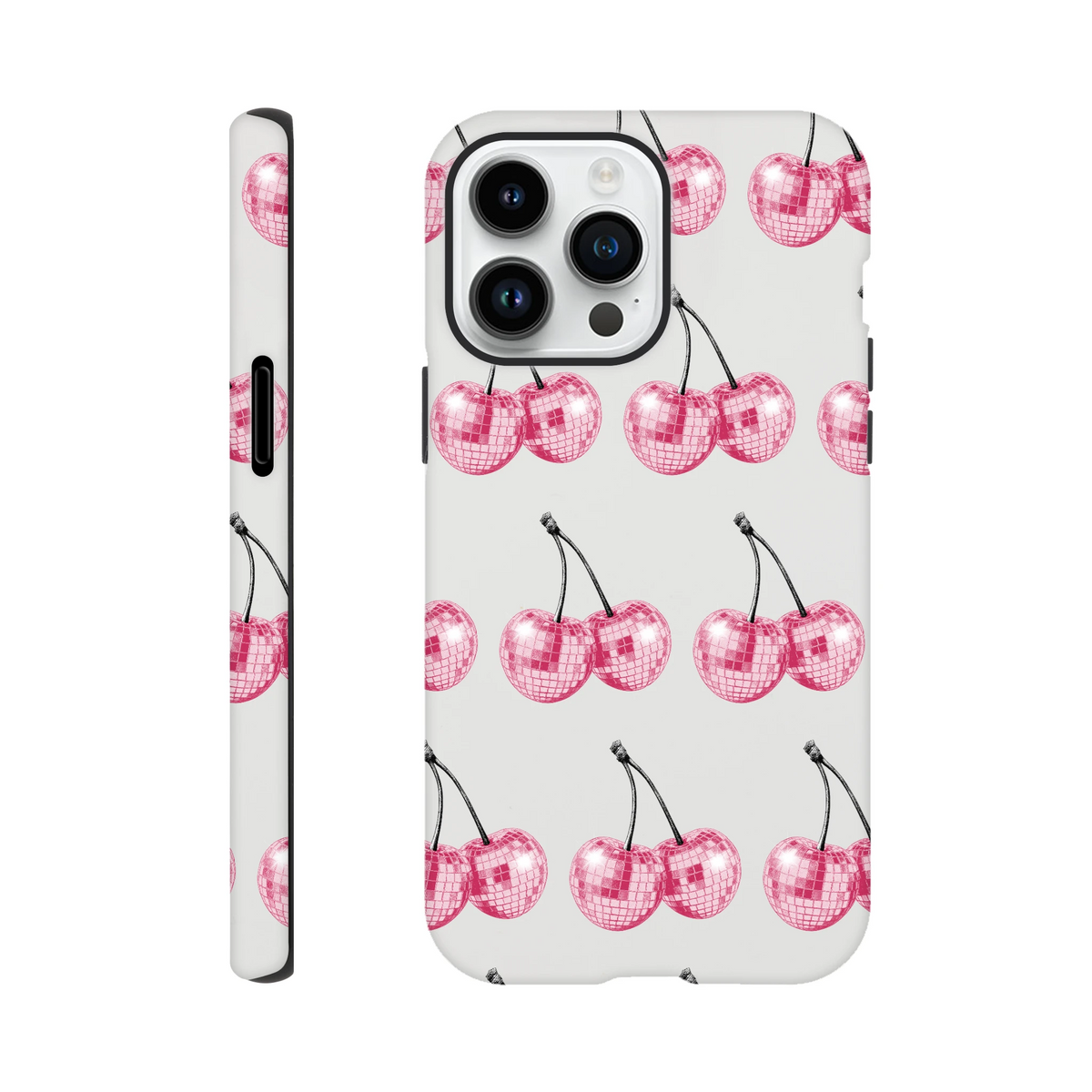 Glitter Ball Cherries phone case with dual-layer protection for iPhone 16/15/14/13.