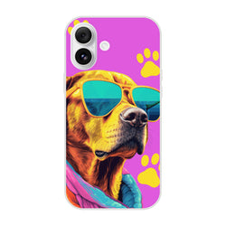 Trendy Dog iPhone Case 13-16 with neon pink background, dog wearing sunglasses, yellow paw prints.