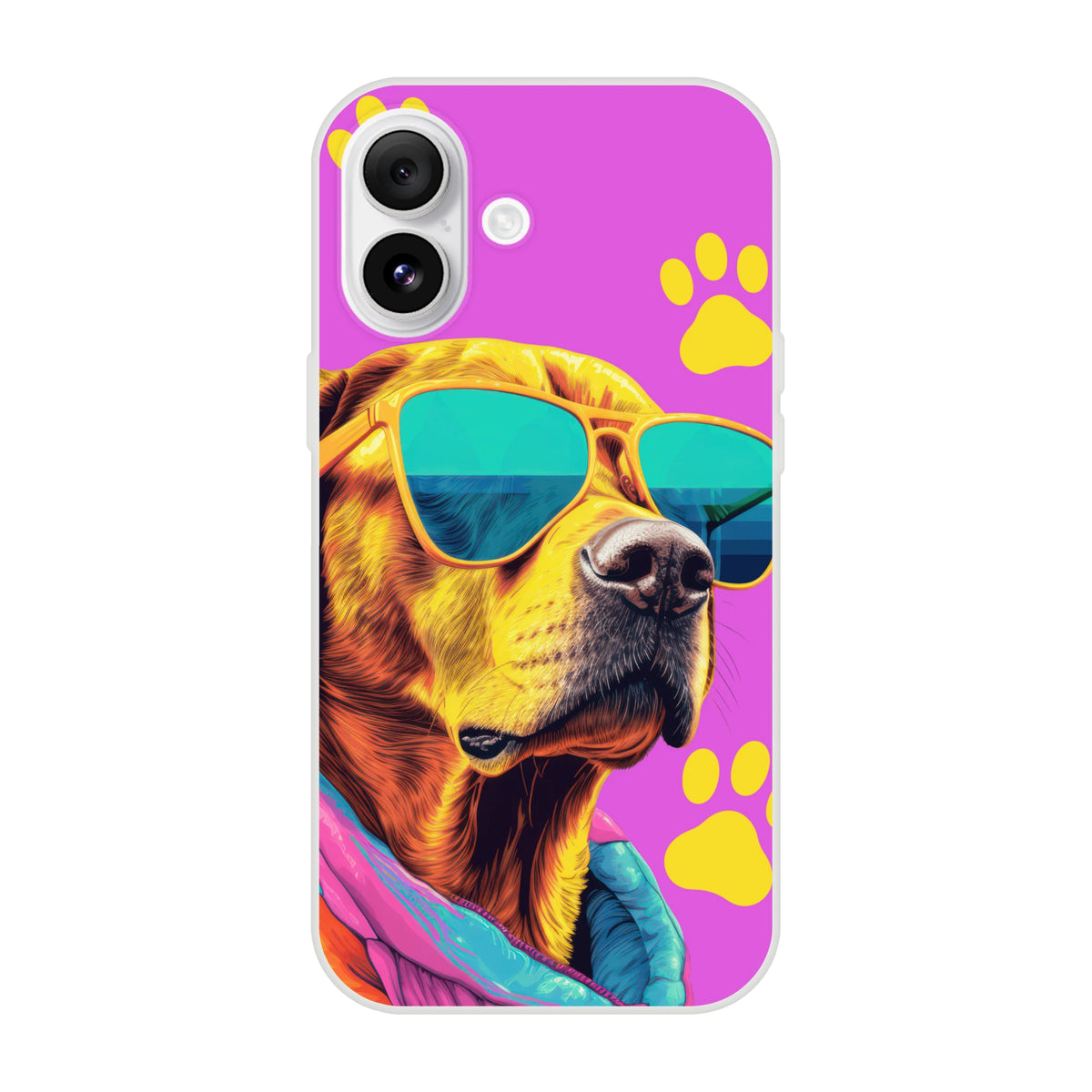Trendy Dog iPhone Case 13-16 with neon pink background, dog wearing sunglasses, yellow paw prints.