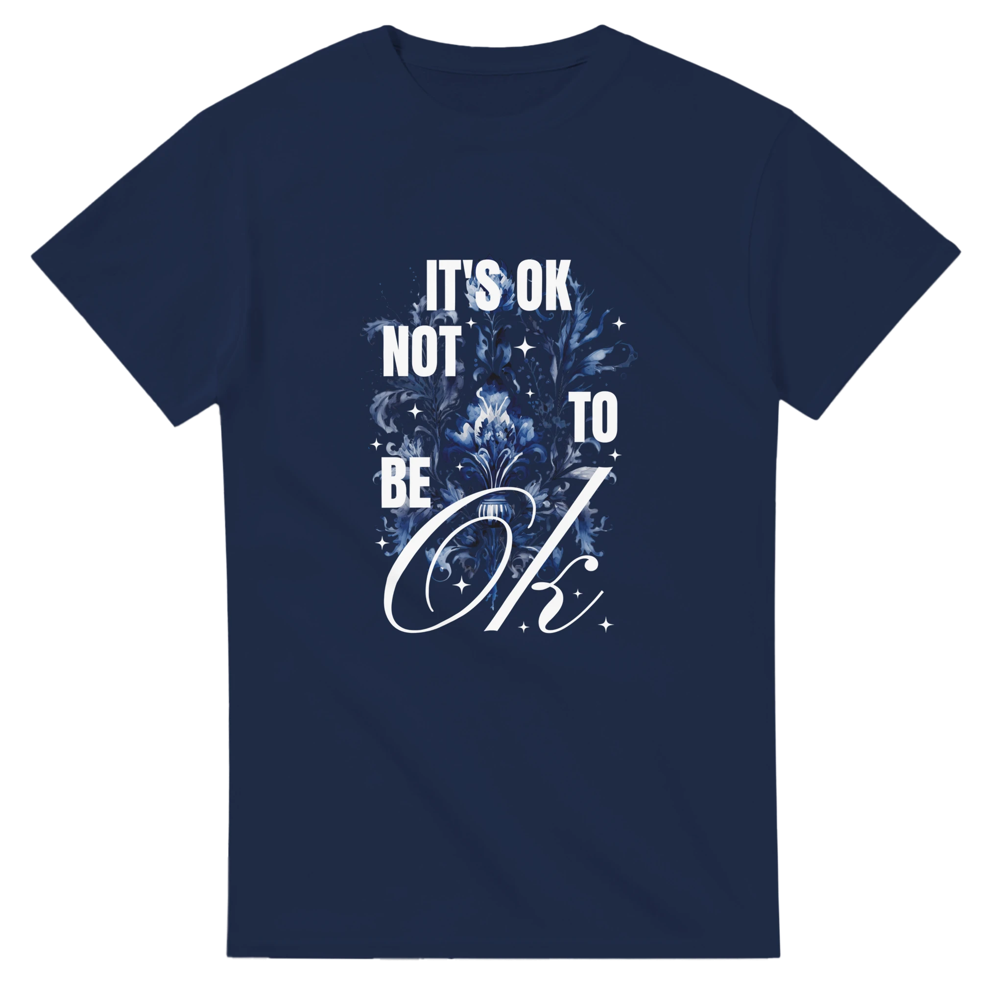 Navy cotton-blend graphic tee with 'It's OK Not To Be OK' slogan and floral design.