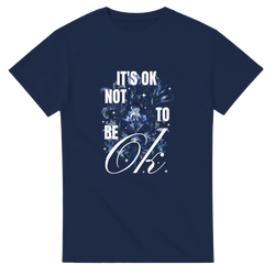 Navy cotton-blend graphic tee with 'It's OK Not To Be OK' slogan and floral design.