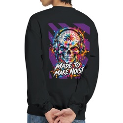 Black sweatshirt back featuring colorful retro graphic of skull with headphones, palm tree, and "Made to Make Noise" text.