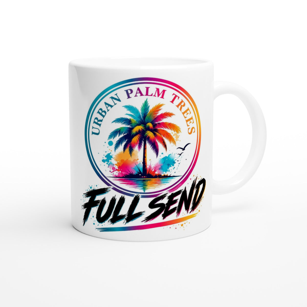 White ceramic mug featuring a colorful rainbow palm tree graphic inside a circle with Urban Palm Trees text and Full Send written below.