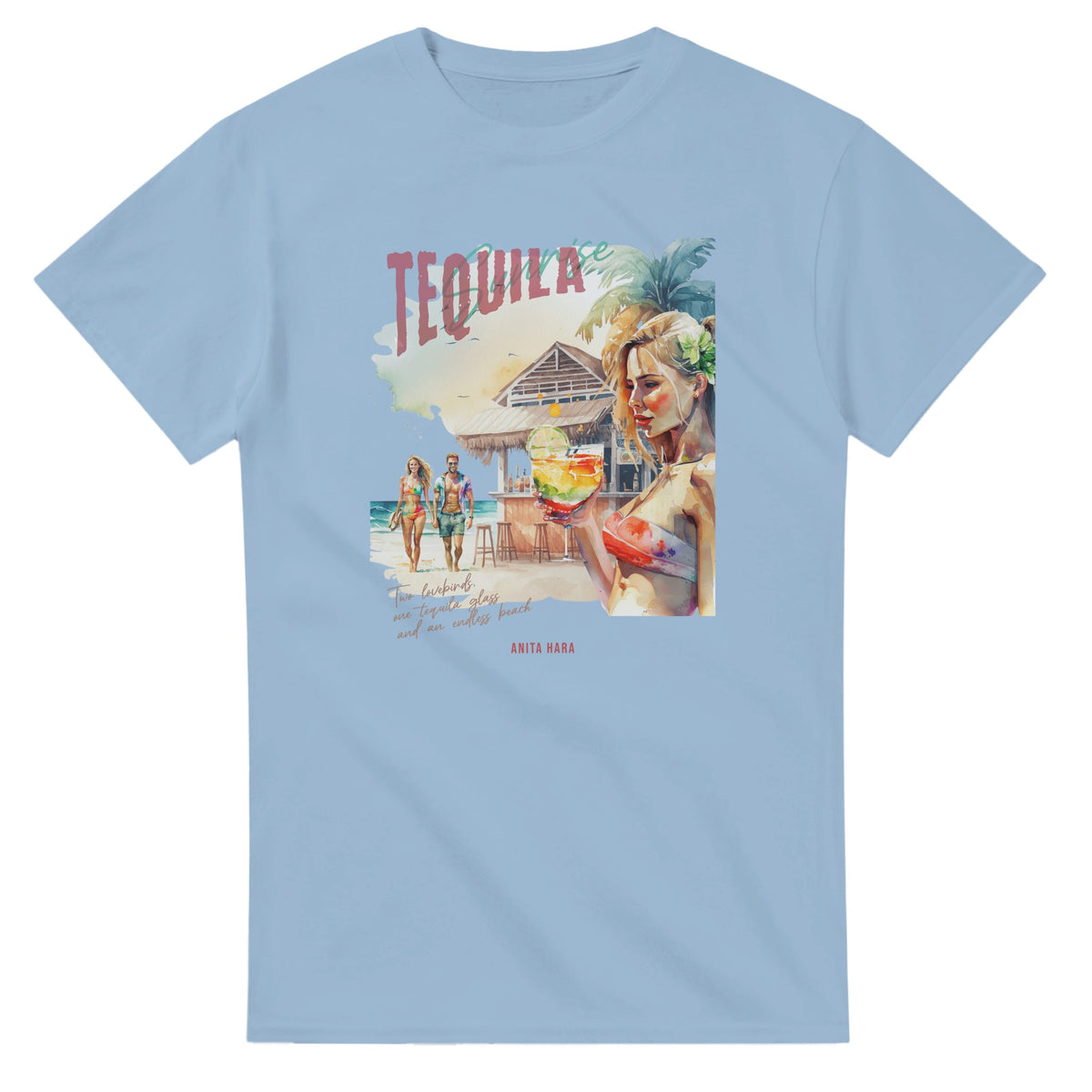 Tequila graphic T-shirt in blue with tropical beach scene, woman holding a cocktail beside a beach bar.