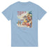 Tequila graphic T-shirt in blue with tropical beach scene, woman holding a cocktail beside a beach bar.