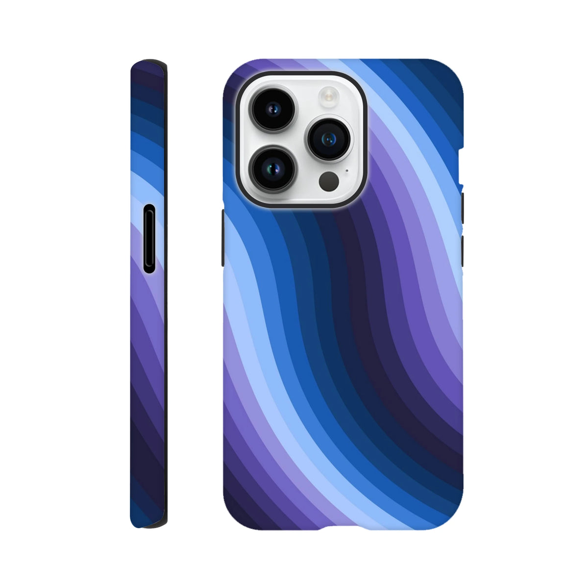 Blue Y2K wavy stripe iPhone case with retro wave gradient design and reinforced protective guard rails.