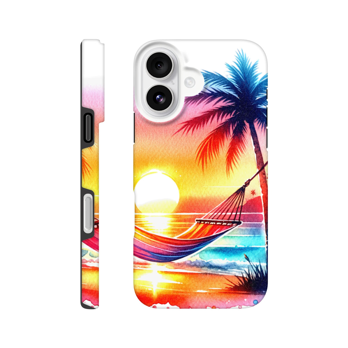Vibrant tropical sunset iPhone case featuring a colorful palm tree and hammock over ocean waves. Tough protective cover for daily carry.