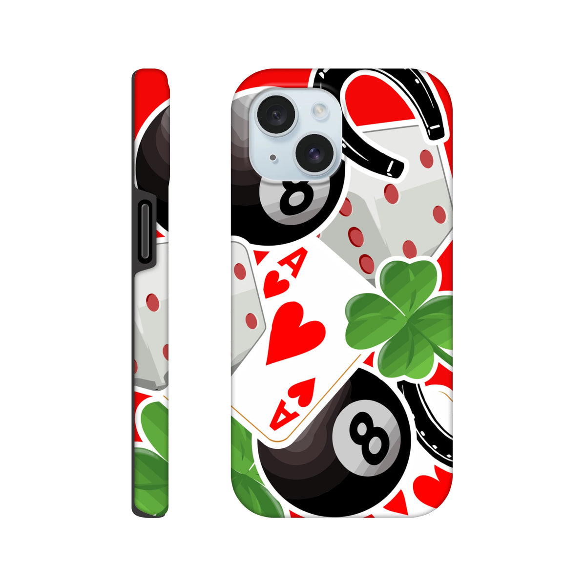 Tough iPhone case featuring an 8-ball, ace of hearts, four-leaf clover, and horseshoe graphic design.