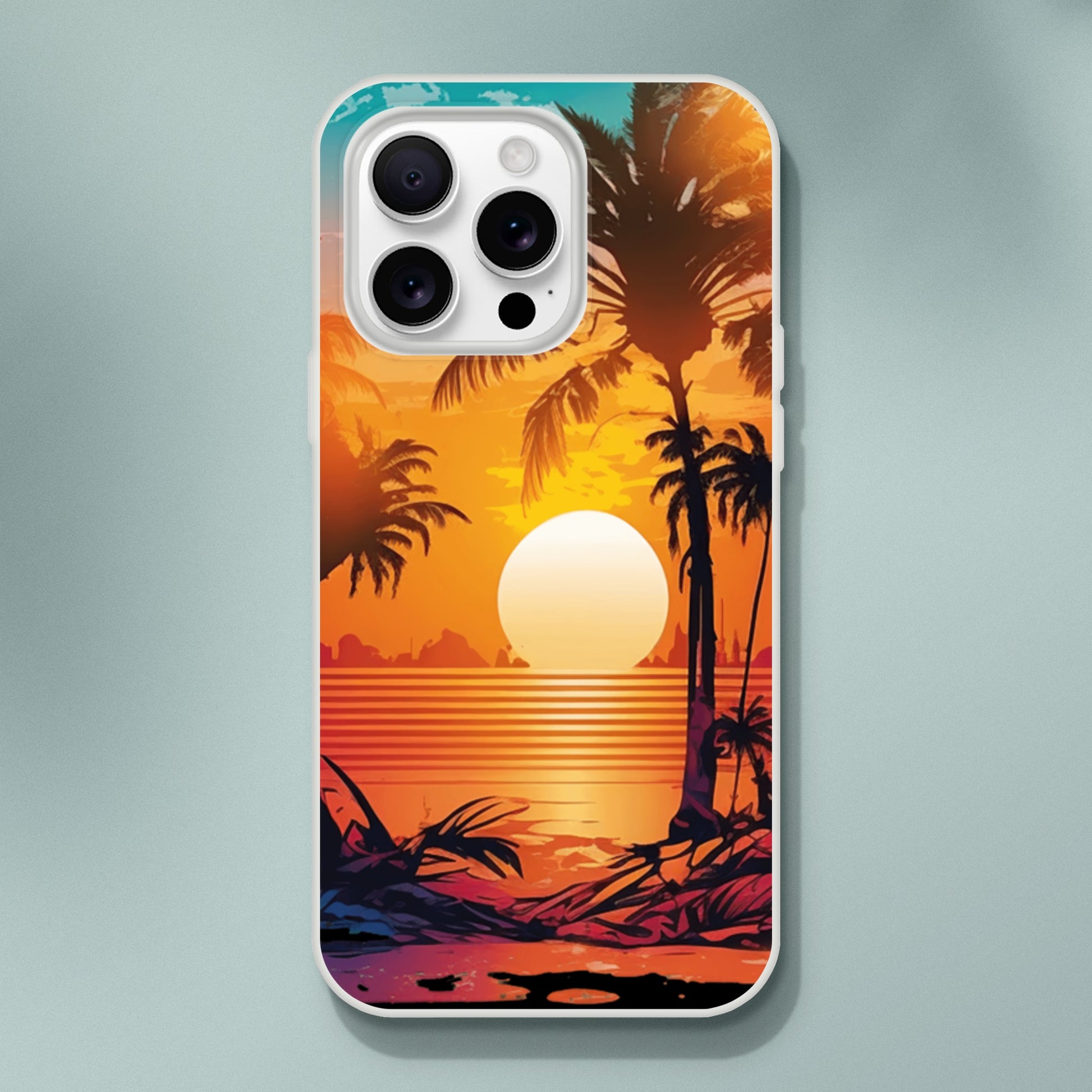 iPhone case with a tropical sunset design featuring palm trees on a light gray background 17