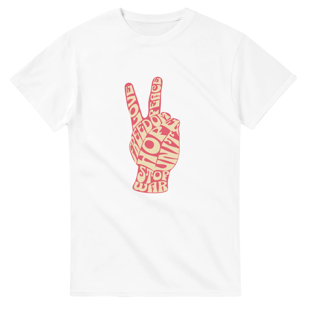Retro Peace Sign graphic tee for men with a pink vintage-typography peace sign hand on white shirt.