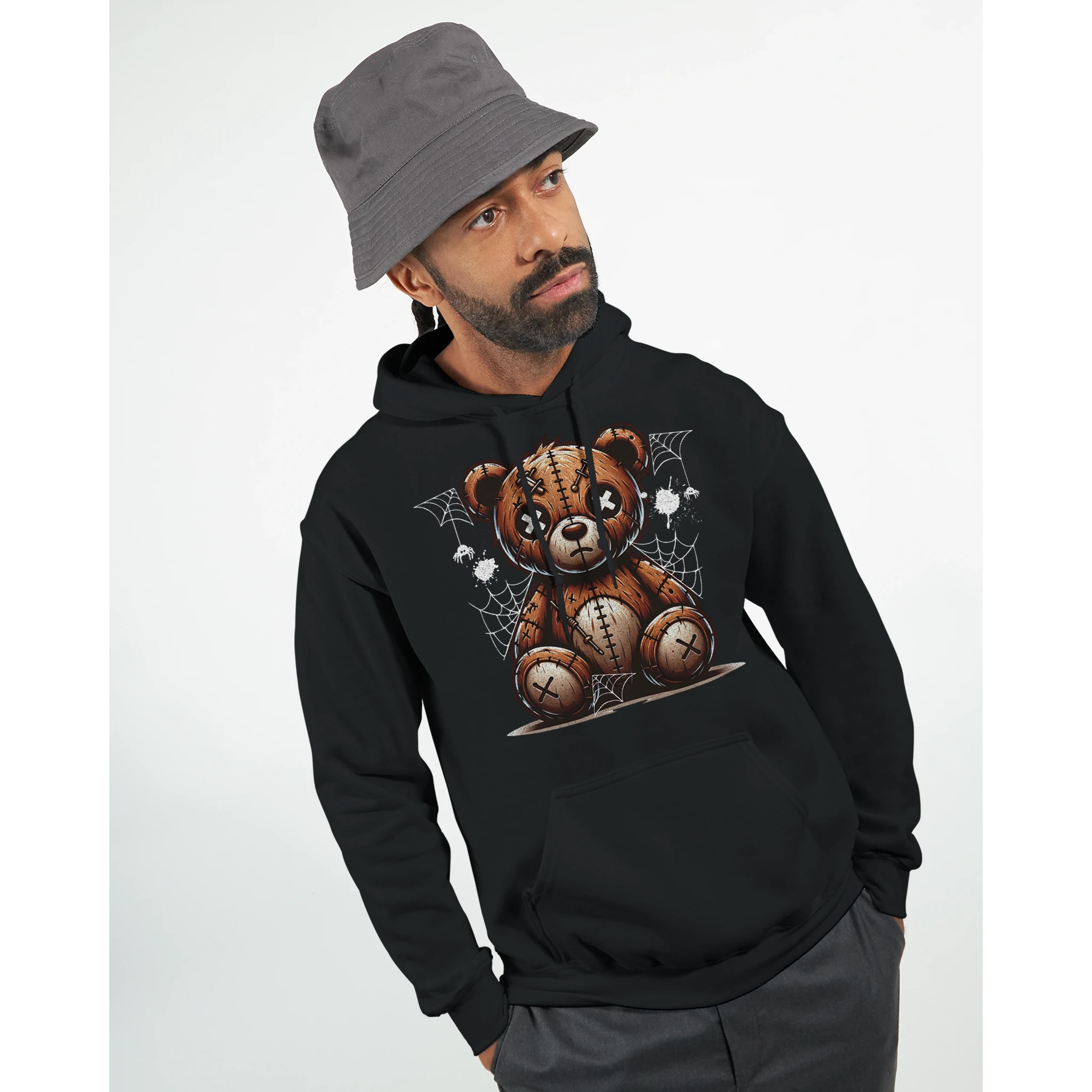 Man wearing black Men's Stressed Teddy Bear Hoodie 50/50 cotton blend with stitched teddy bear and spider-web design.