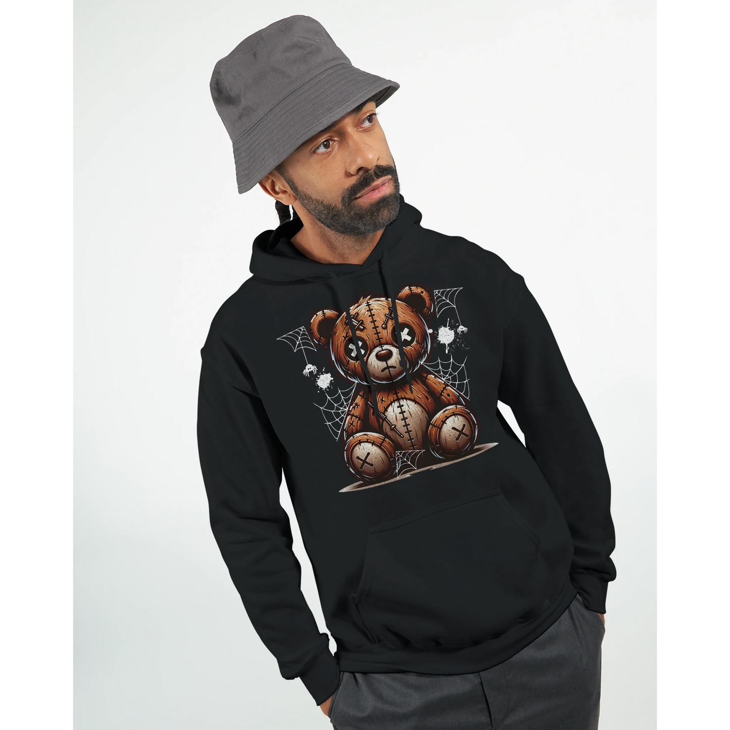 Person wearing a black men's teddy bear hoodie on a white background. 4