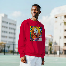 Man wearing red retro pop-art jumper with a colorful comic graphic outdoors.