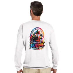 White sweatshirt back featuring colorful Redline graphic with palm trees, tachometer, and "Urban Palm Trees" text for car culture style.