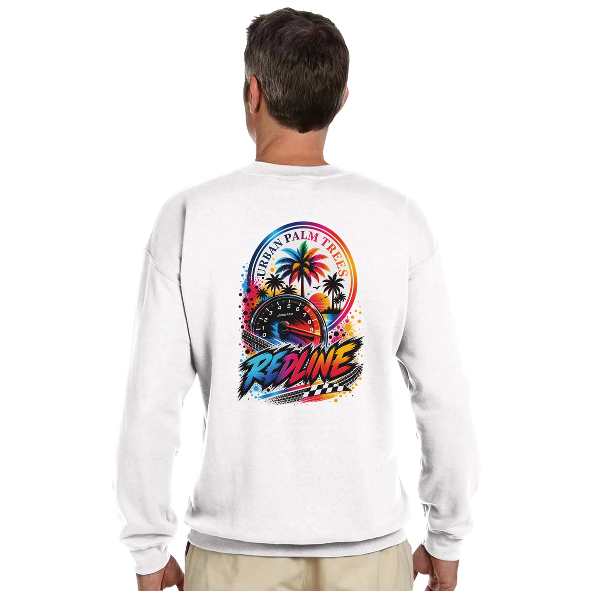 White sweatshirt back featuring colorful Redline graphic with palm trees, tachometer, and "Urban Palm Trees" text for car culture style.