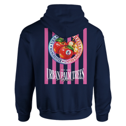Retro navy hoodie back print featuring red apples on pink stripes with Urban Palm Trees text and Manchester United Kingdom details.