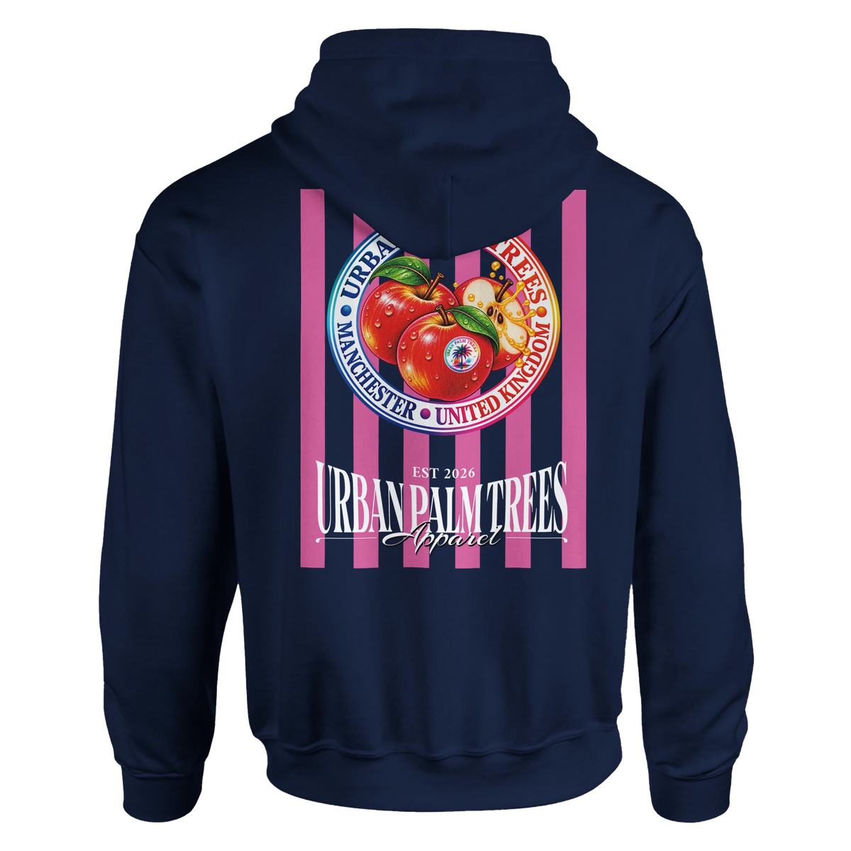 Retro navy hoodie back print featuring red apples on pink stripes with Urban Palm Trees text and Manchester United Kingdom details.