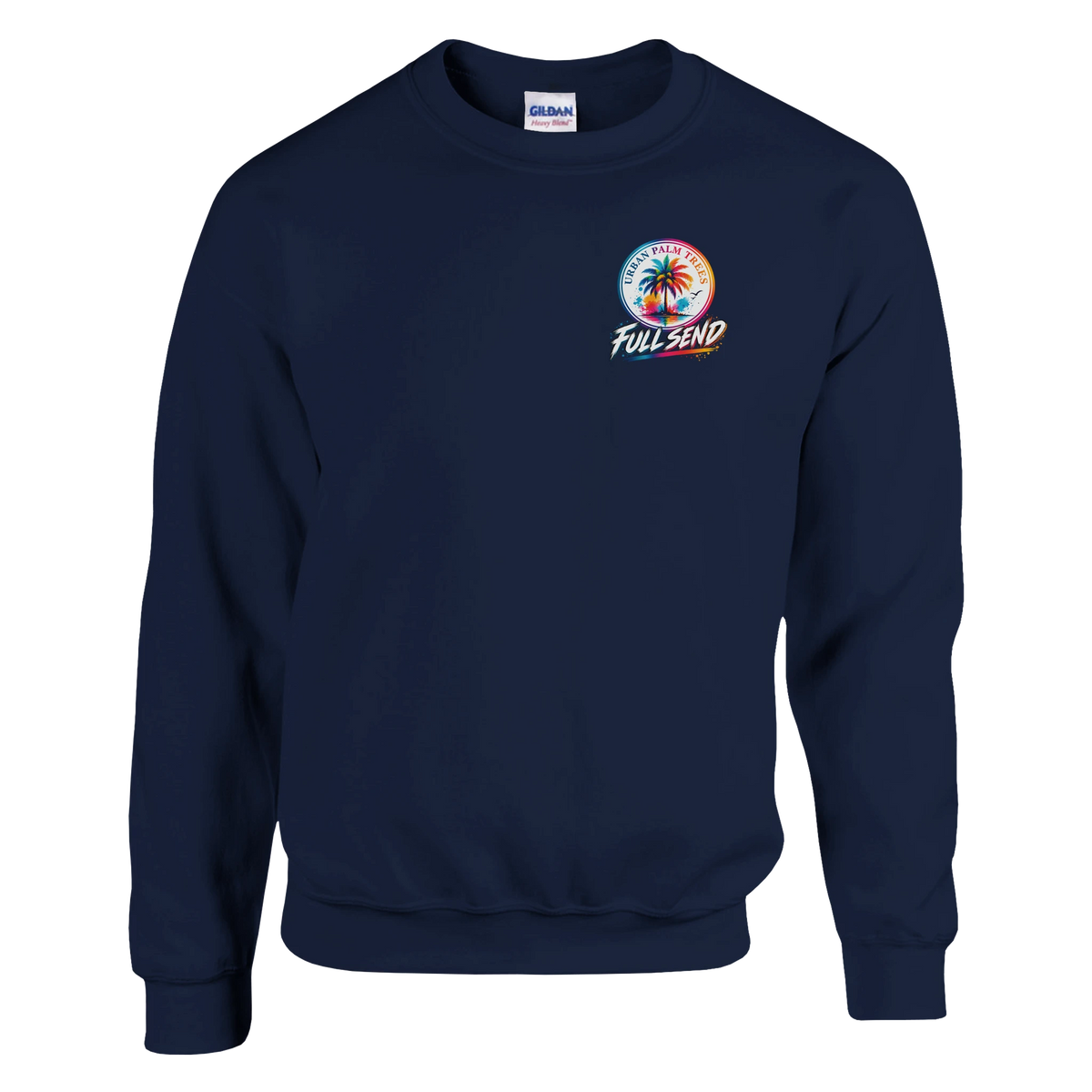 Navy blue sweatshirt featuring a colorful Urban Palm Trees logo and Full Send graphic on the chest.