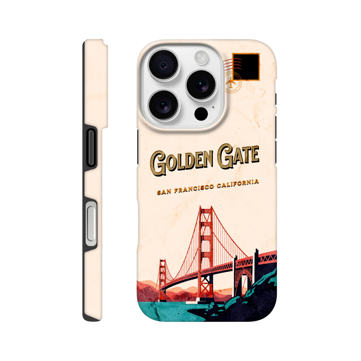 Retro San Francisco iPhone case featuring vintage Golden Gate Bridge postcard design with gold lettering and postmark graphic.