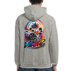 Grey Fitment car hoodie for men featuring colorful back print of a modified car, palm trees, and sunset. Petrolhead streetwear sweatshirt.