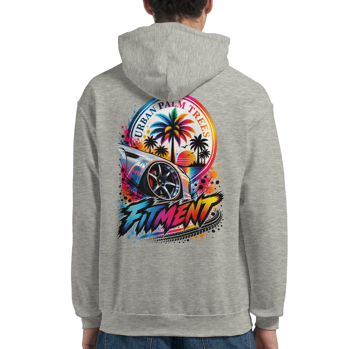 Grey Fitment car hoodie for men featuring colorful back print of a modified car, palm trees, and sunset. Petrolhead streetwear sweatshirt.