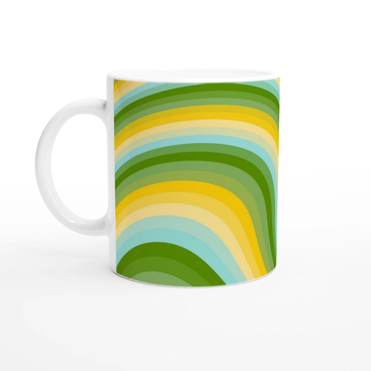 Retro green and yellow wave mug with groovy Y2K swirl ceramic design.