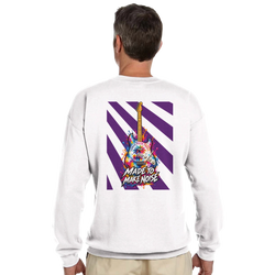 White men's sweatshirt back featuring retro electric guitar graphic with purple diagonal stripes and "Made to Make Noise" text.