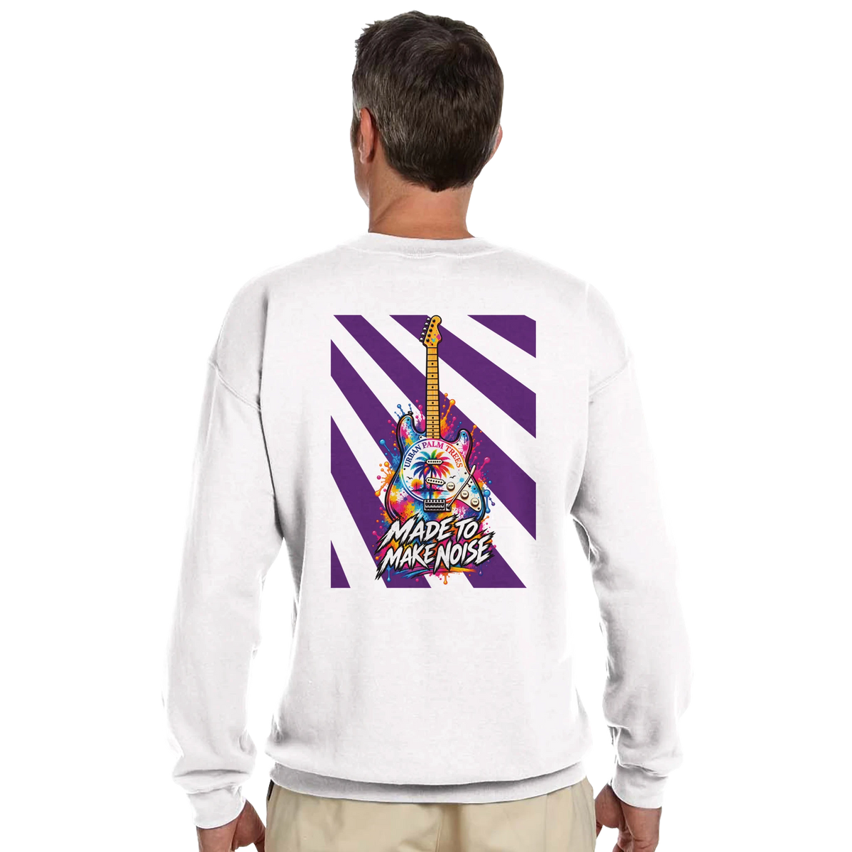 White men's sweatshirt back featuring retro electric guitar graphic with purple diagonal stripes and "Made to Make Noise" text.