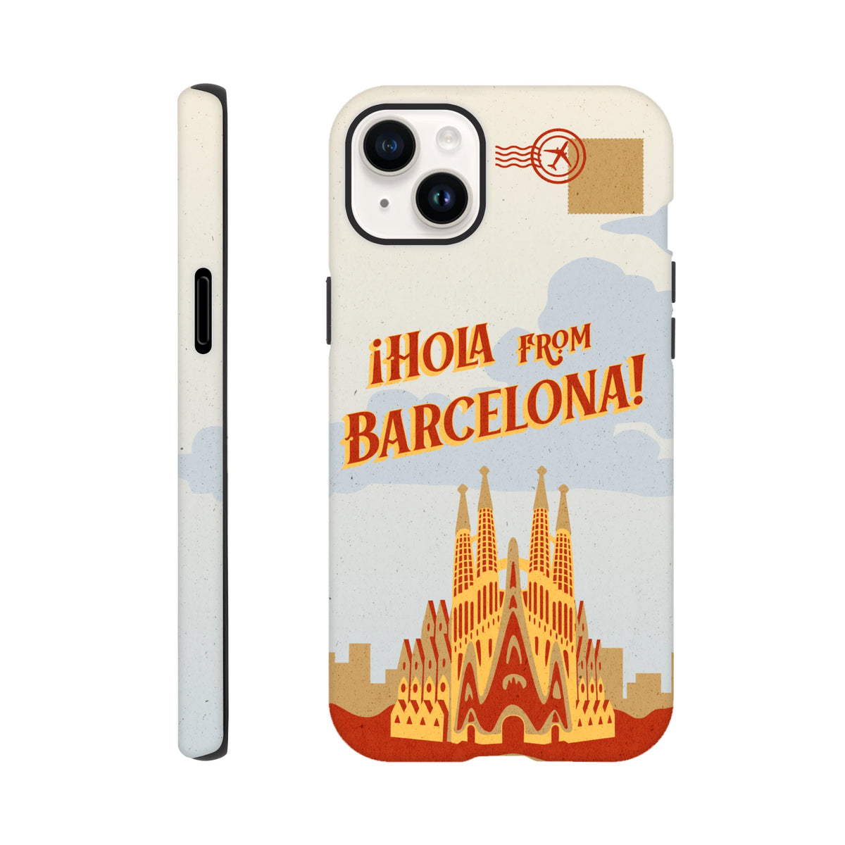 Barcelona Travel Postcard Tough iPhone Case for iPhone 13–16 with wraparound postcard print, Spain