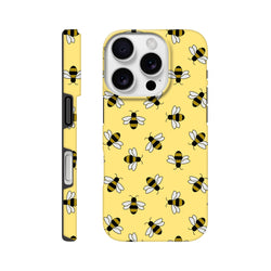 Yellow iPhone case featuring a cute wraparound bumble bee pattern with tough protection for iPhone 13 through 16 models.