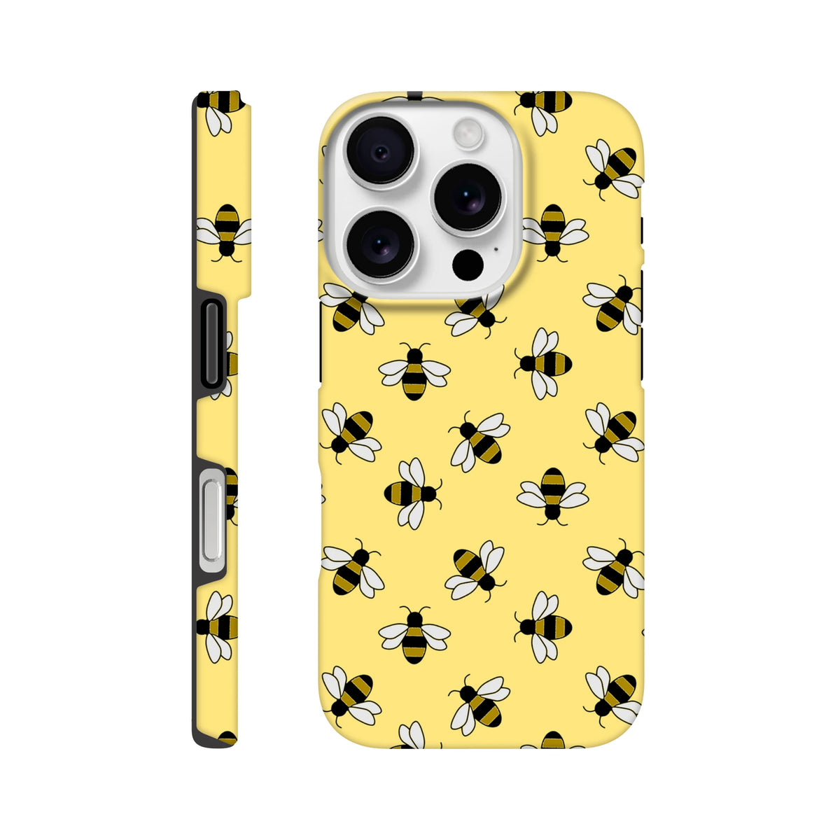 Yellow iPhone case featuring a cute wraparound bumble bee pattern with tough protection for iPhone 13 through 16 models.