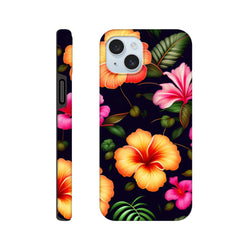 Tropical floral tough iPhone case featuring vibrant orange and pink hibiscus flowers with green leaves on a dark background.