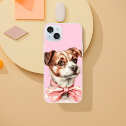 Cute dog iPhone case (13-16) with pink matte finish and retro aesthetic, dog portrait design.