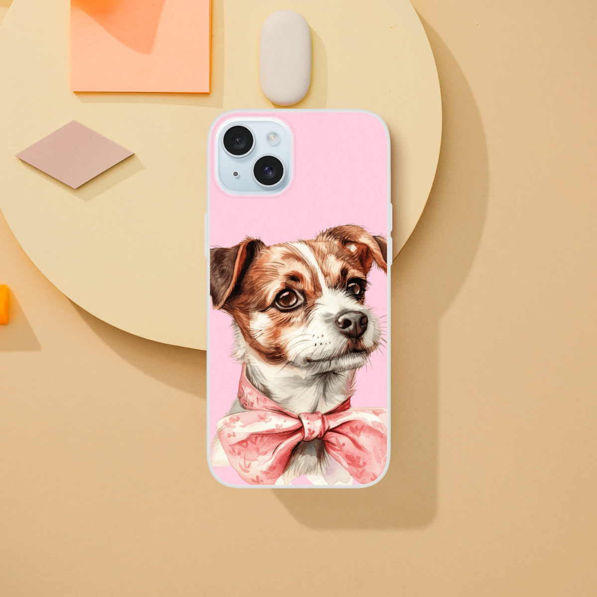Cute dog iPhone case (13-16) with pink matte finish and retro aesthetic, dog portrait design.