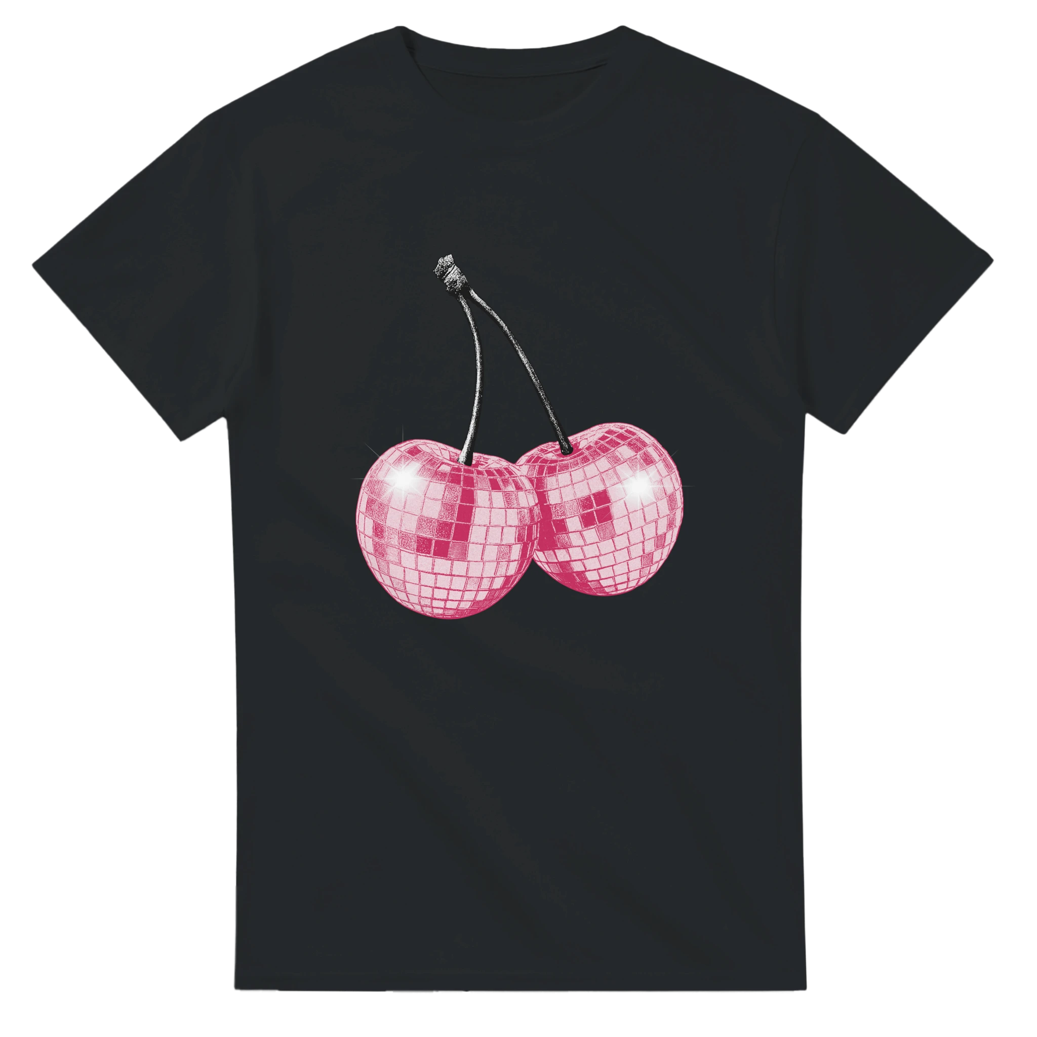 Black cotton blend t-shirt with pink glitter disco-cherries graphic on front.