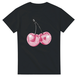 Black cotton blend t-shirt with pink glitter disco-cherries graphic on front.