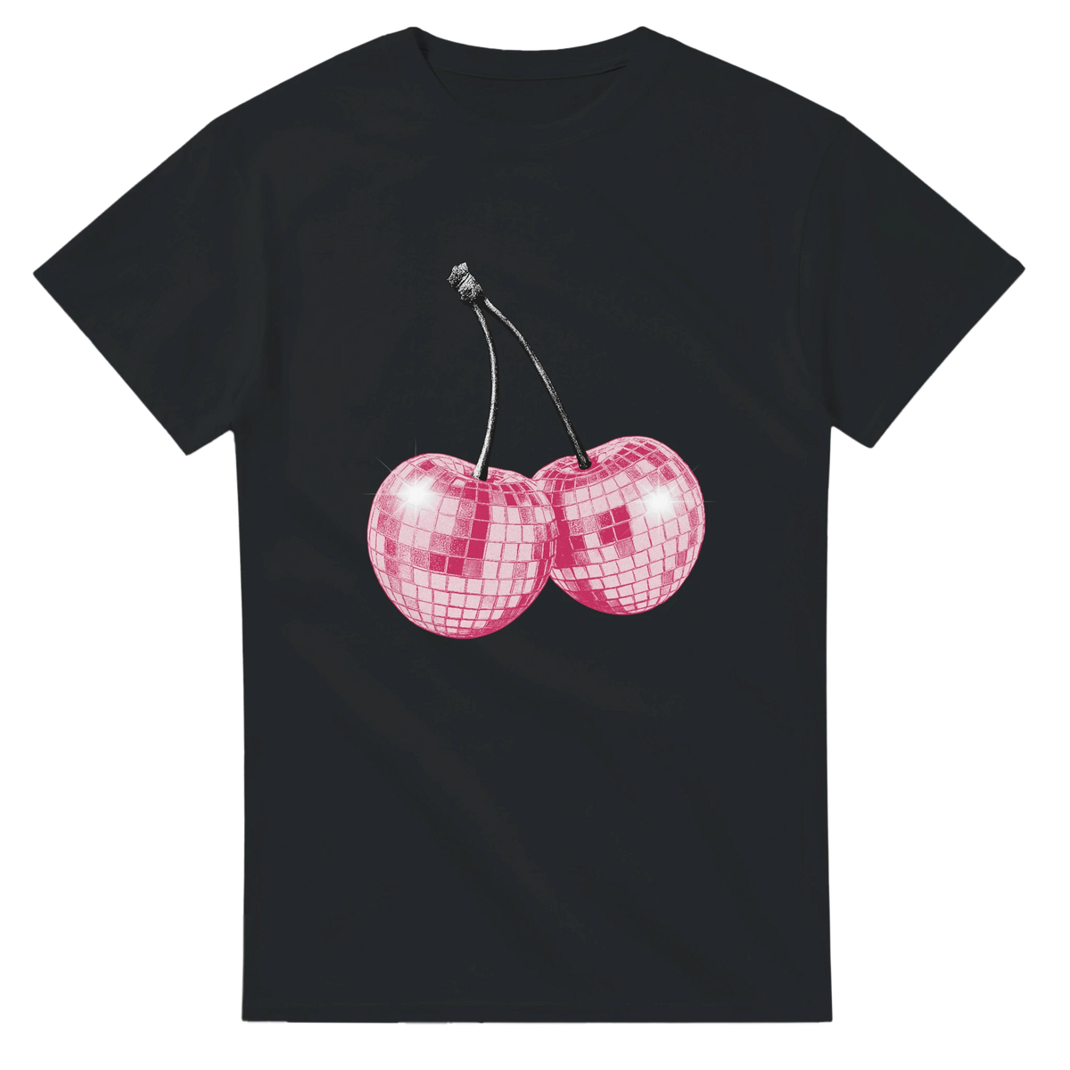 Black cotton blend t-shirt with pink glitter disco-cherries graphic on front.