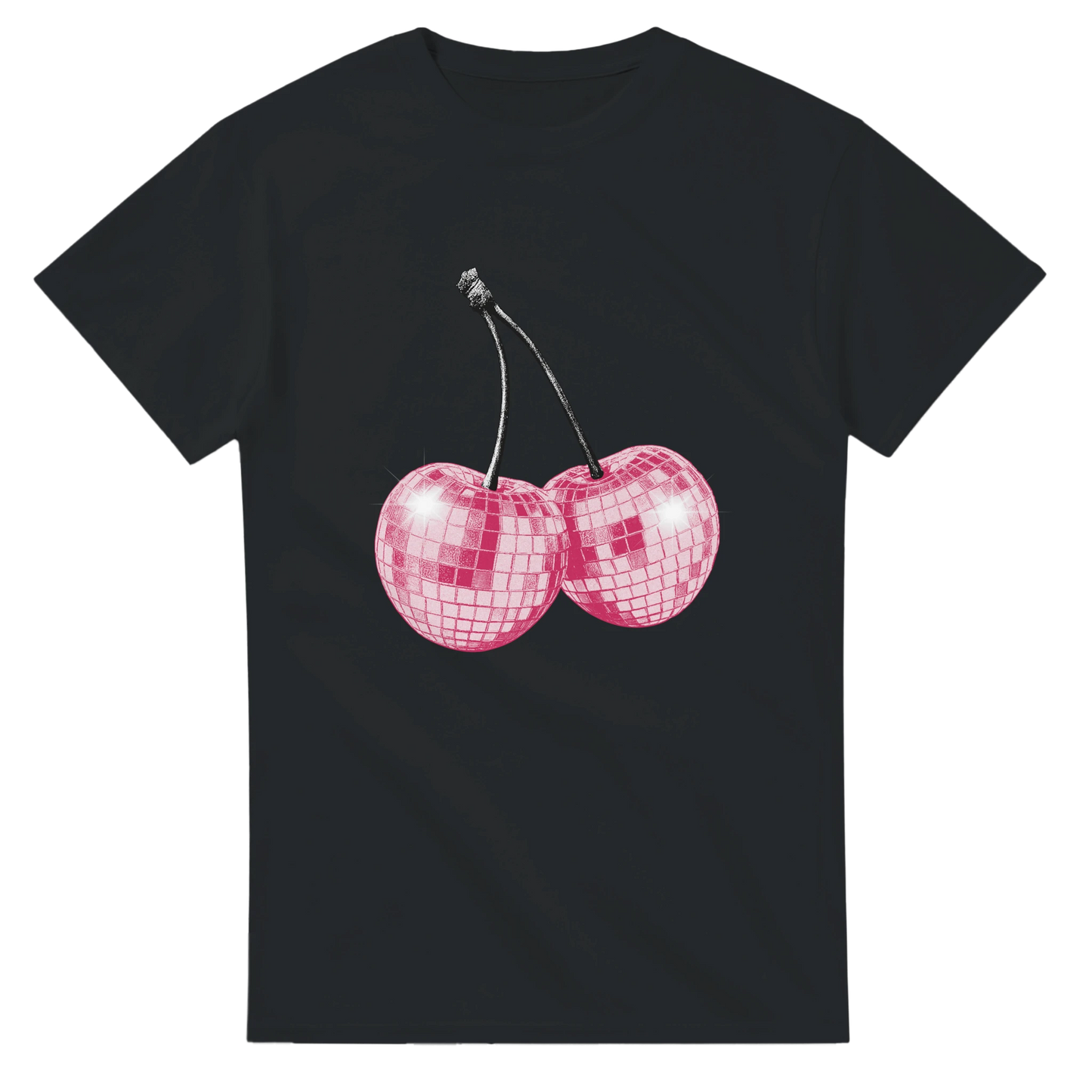 Black cotton blend t-shirt with pink glitter disco-cherries graphic on front.
