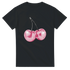 Black cotton blend t-shirt with pink glitter disco-cherries graphic on front.