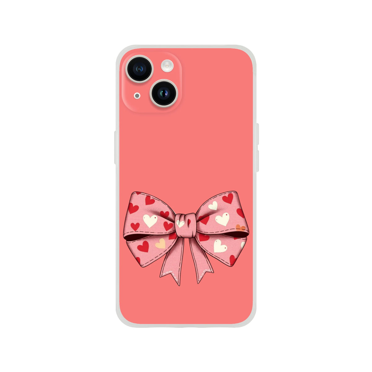Pink iPhone case with a large heart-pattern bow in a coquette aesthetic.