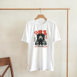 White vintage JDM graphic tee featuring a stylized car with open hood, character, and red +81 Japan Domestic Market text.