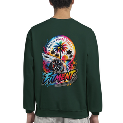 Dark green Fitment Stance petrolhead sweatshirt featuring a colorful graphic of a lowered car, palm trees, and "Urban Palm Trees" text on the back.