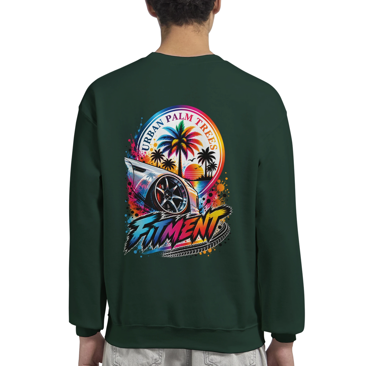 Dark green Fitment Stance petrolhead sweatshirt featuring a colorful graphic of a lowered car, palm trees, and "Urban Palm Trees" text on the back.