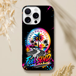 Black iPhone case featuring a colorful "Full Send" graphic with tire tracks, rainbow palm trees, and Urban Palm Trees sunset loop print.