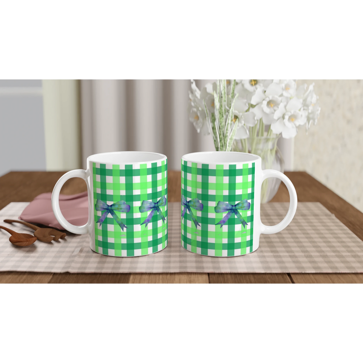 Green Gingham Bow Mug - Cute Coquette Coffee Cup