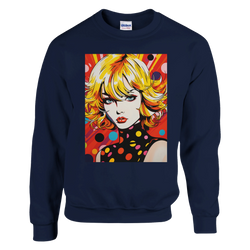 Navy sweatshirt featuring a bold pop art woman graphic with vibrant retro comic colors, blonde hair, and polka dot details.